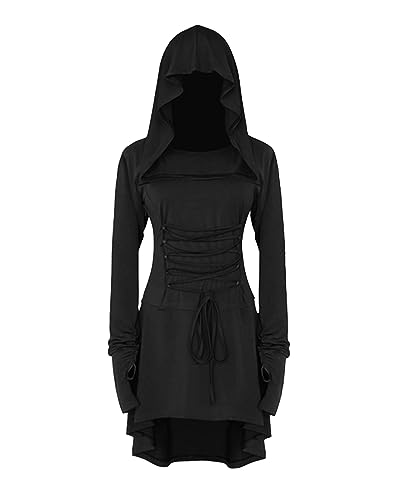 YAOHUOLE Damen Renaissance Kostüm Kleid mit Kapuze Langarm Mittelalter Kleider Retro Schnürung Gothic Robe Kostüm-Partys Schwarz 2XL von YAOHUOLE