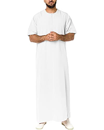 YAOHUOLE Djellaba Herren Kaftan Kaftan Große Größe Kurzarm Islamisch Jalabiya, weiß, M von YAOHUOLE