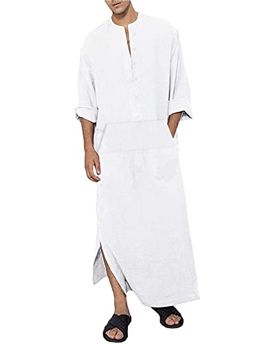 YAOHUOLE Freizeithemd Herren Regular Fit Leinen Marokkanischer Kaftan Herren Große Größen Weiß M von YAOHUOLE