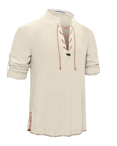 YAOHUOLE Mittelalter Kostüm Herren Ghillie Leinen Hemd Herren Langarm Leinenhemd Herren Piratenhemd Herren Khaki M YAOHUOLE Mittelalter Kostüm Herren Ghillie Leinen Hemd Herren Langarm Leinenhemd Herren Piratenhemd Herren Khaki M von YAOHUOLE