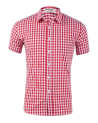 YAOHUOLE Herren Kurzarm Kariert Leinenhemd Regular Trachtenhemd Rot S von YAOHUOLE