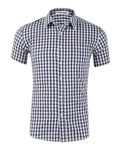 YAOHUOLE Kariertes Herren Hemd für Oktoberfest - Kurzarm Leinen Button-Down Regular Fit - Dunkelblau S von YAOHUOLE