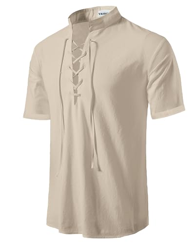 YAOHUOLE Herren Henley Leinenhemd Kurzarm - Mittelalter Sommer Hemd Khaki 2XL YAOHUOLE Herren Henley Leinenhemd Kurzarm - Mittelalter Sommer Hemd Khaki 2XL von YAOHUOLE