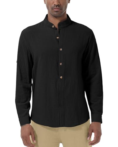 YAOHUOLE Henley Hemd Herren Langarm Baumwolle Leinenhemd Freizeithemd Henley Hemd Herren Schwarz M von YAOHUOLE