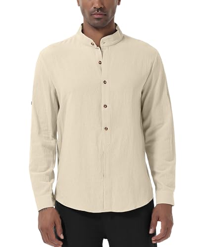 YAOHUOLE Henley Hemd Herren Langarm Herren Business Leinen Hemd Herren Fit Business, Freizeit, Hochzeit,Strand Khaki 3XL von YAOHUOLE