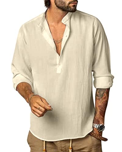 YAOHUOLE Henley Hemd Herren Langarm Herren Businesshemd Leinen Hemd Fit Anzug, Business, Freizeit, Hochzeit,Strand Khaki 3XL von YAOHUOLE