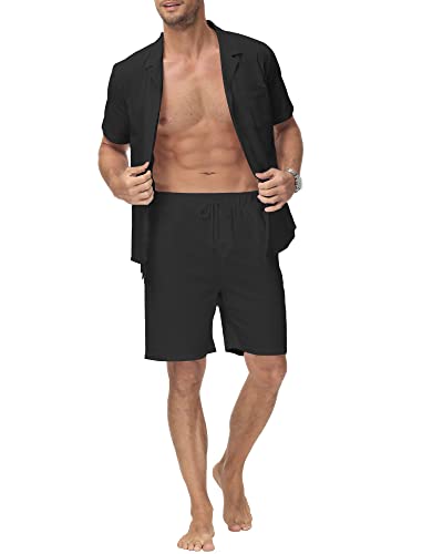 YAOHUOLE Herren 2 Stück Baumwolle Leinen Set Button Down Hemd Langarm Casual Strand Hose Sommer Yoga Outfits Schwarz M von YAOHUOLE