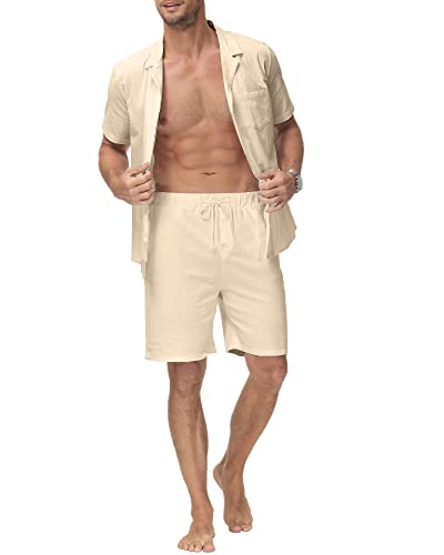 YAOHUOLE Herren 2 Stück Leinen Set Casual Band Kragen Hemd und Shorts Strand Sets Khaki XL von YAOHUOLE