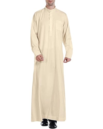 YAOHUOLE Herren Abaya Robe Muslim Kaftan Thobe Langes Kleid Casual Langarm Hemd Knopfleiste Mit Tasche, khaki, XL von YAOHUOLE