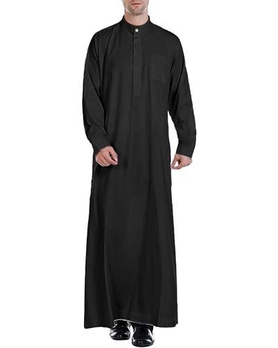YAOHUOLE Herren Abaya Robe Muslim Kaftan Thobe Langes Kleid Casual Langarm Shirt Knopfleiste Mit Tasche, Schwarz , L von YAOHUOLE