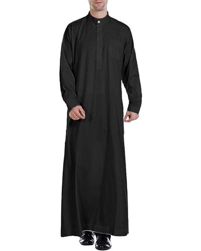 YAOHUOLE Herren Abaya Robe Muslim Kaftan Thobe Langes Kleid Casual Langarm Shirt Knopfleiste Mit Tasche, Schwarz , M von YAOHUOLE