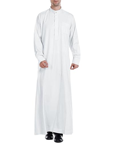 YAOHUOLE Herren Abaya Robe Muslim Kaftan Thobe Langes Kleid Casual Langarm Hemd Knopfleiste mit Tasche, weiß, XXL von YAOHUOLE