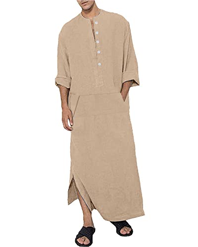 YAOHUOLE Herren Abaya Thobe Ethnischer Kaftan Roben Baumwolle Leinen Langarm Kleid Jubba für Männer, khaki, M von YAOHUOLE