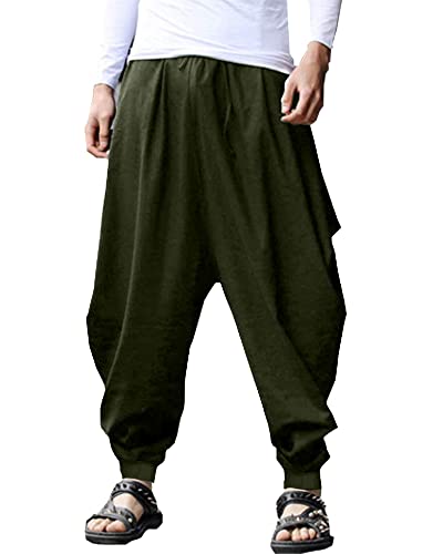 YAOHUOLE Herren Baumwolle Leinen Hose Baggy Casual Haremshose Weites Bein Kidoriman Hose Kordelzug Piraten Kostüm Hippie Kleidung, armee-grün, 36-41 von YAOHUOLE