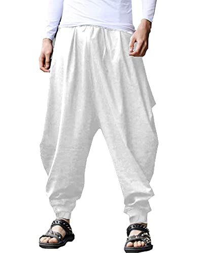 YAOHUOLE Herren Baumwolle Leinen Hose Baggy Casual Haremshose Weites Bein Kidoriman Hose Kordelzug Piraten Kostüm Hippie Kleidung, weiß, 36-41 von YAOHUOLE