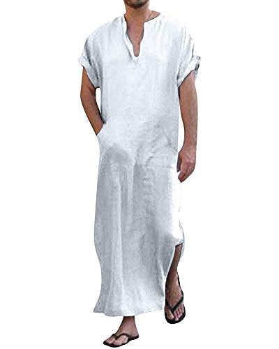 YAOHUOLE Herren Bequeme Loungewear mit tiefem V-Ausschnitt, langes Nachthemd, weiße 2XL von YAOHUOLE