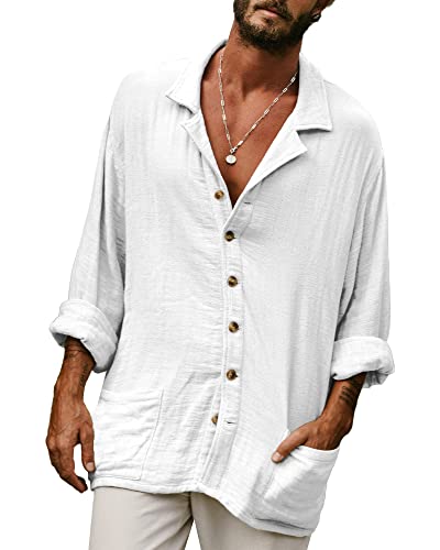 YAOHUOLE Lässiges Herrenhemd aus Baumwoll-Leinen, Knopfleiste, langärmelig, einfarbig, Hawaii-Sommer-Strandhemd, weiß, XL von YAOHUOLE