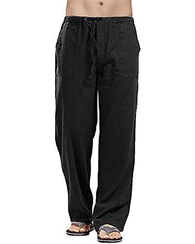 YAOHUOLE Herren Casual Hosen Leinen Strandhose Herren Lang Herren Baggy Haremshose Schwarz 3XL von YAOHUOLE