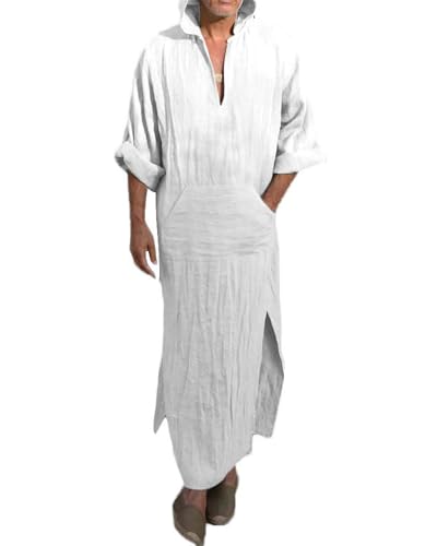 YAOHUOLE Langarm Kaftan Herren Thobe Mänlich Langarm Kaftan Herren V-Ausschnitt Kaftan Weiß 3XL von YAOHUOLE