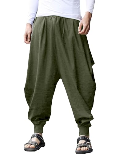 YAOHUOLE Herren Haremshose Baggy Leinen Freizeithose Herren Loose Fit Herren Hosen Armeegrün 2XL von YAOHUOLE