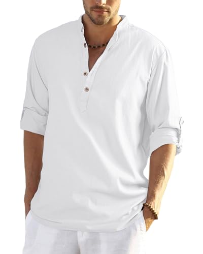 YAOHUOLE Herren Hemd Langarm Regular Fit Leinenhemd Herren Langarm Sommer Freizeithemden Für Herren Weiß L von YAOHUOLE