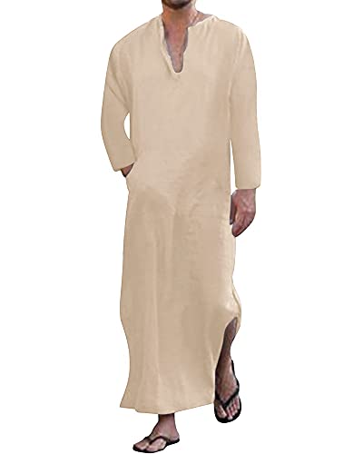 YAOHUOLE Herren Home Kaftan Robe Seite geteilt Casual Leinen Langarm Thobe Khaki XL von YAOHUOLE