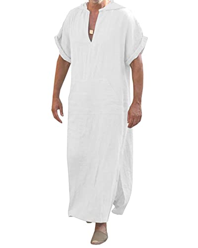 YAOHUOLE Herren Kaftan Kurzarm Casual Baumwolle Thobe V-Ausschnitt Kaftan Herren Lang Weiß L von YAOHUOLE