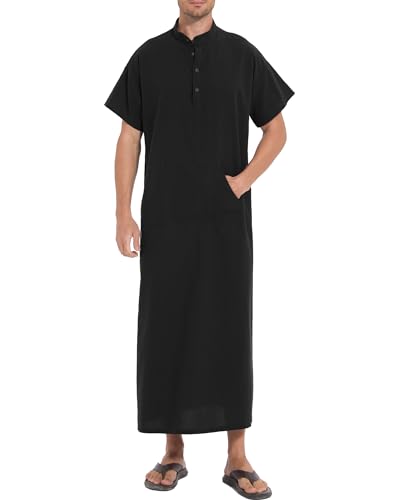 YAOHUOLE Herren Kaftan Kurzarm Kaftan Mann Thobe Herren mit Taschen Thobe Männer Schwarz L von YAOHUOLE