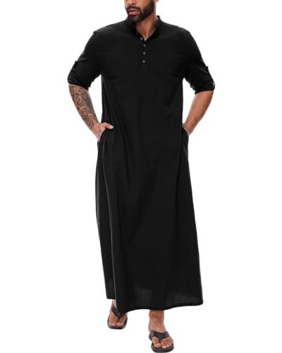 YAOHUOLE Herren Kaftan Lang Leinen Thobe Herren Langarm Mens Kaftan Thobe Herren Sommer Schwarz L von YAOHUOLE
