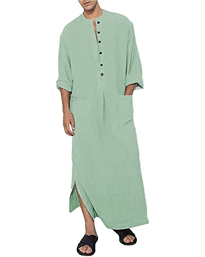 YAOHUOLE Herren Kaftan Langarm Casual Baumwolle Thobe V-Ausschnitt Kaftan Herren Lang Minzgrün L von YAOHUOLE