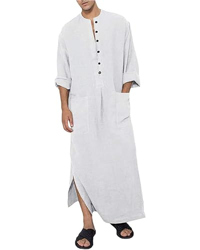 YAOHUOLE Herren Kaftan Langarm Casual Baumwolle Thobe V-Ausschnitt Kaftan Herren Lang Weiß L von YAOHUOLE