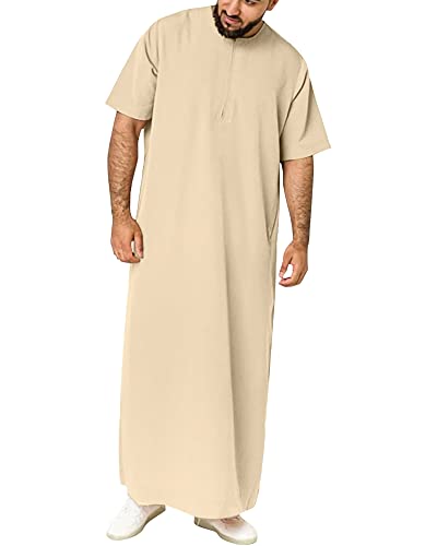 YAOHUOLE Herren Kaftan Leinen Herren Kurzarm Thobe Men Kaftan Thobe Herren Baumwolle Hell Khaki L von YAOHUOLE