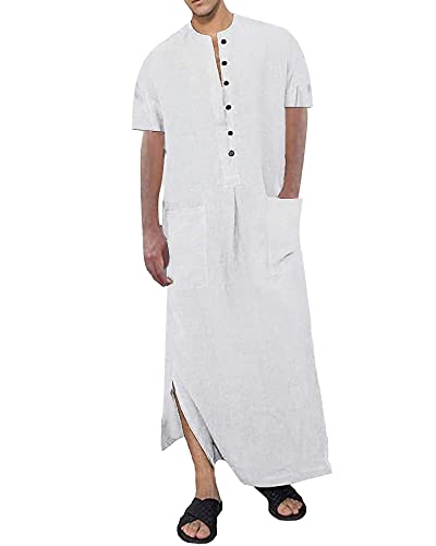 YAOHUOLE Herren Kaftan Thobe Kurzarm Abaya Langes Kleid Robe Knopfleiste Seitenschlitz mit Taschen, weiß, L von YAOHUOLE