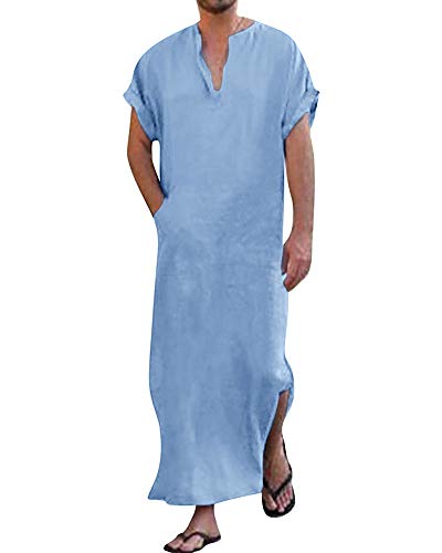 YAOHUOLE Herren Kaftan Thobe Kurzarm Side Split Kaftan mit Taschen Langes Kleid Thobe, Blau, XX-Large von YAOHUOLE