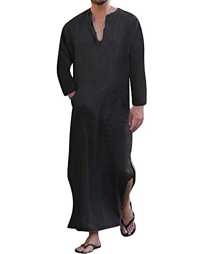 YAOHUOLE Herren Kaftan Thobe Langarm Herren Thobe Robe Side Split Men Thobe mit Taschen Casual Thobe, Schwarzes Langarmshirt, Medium von YAOHUOLE
