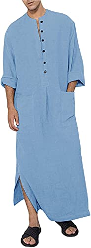 YAOHUOLE Herren Kaftan V-Ausschnitt Langarm Herren Kaftan Leinen Herren Thobe Langarm Blau 2XL von YAOHUOLE