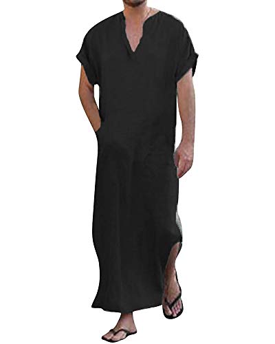 YAOHUOLE Herren Kurzarm Kaftan Robe Seite Split Leinen Langkleid Thobe Schwarz 2XL von YAOHUOLE