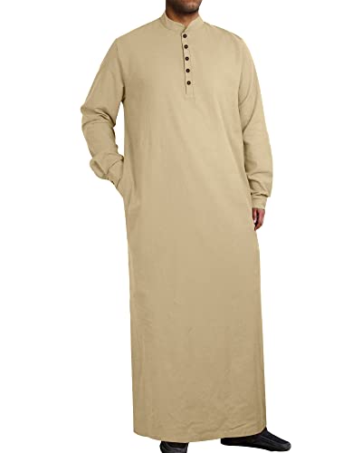 YAOHUOLE Herren Langarm Abaya Robe Button Up Side Split Kaftan Thobe mit Taschen Langes Kleid, khaki, M von YAOHUOLE