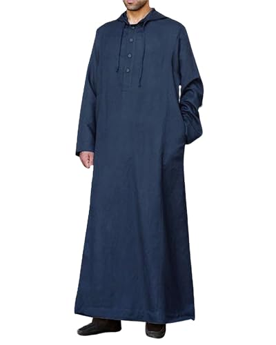 YAOHUOLE Herren Langarm Kaftan Thobe Abaya Langes Kleid Robe Knopfleiste Side Split mit Hoodie, dunkelblau, XL von YAOHUOLE
