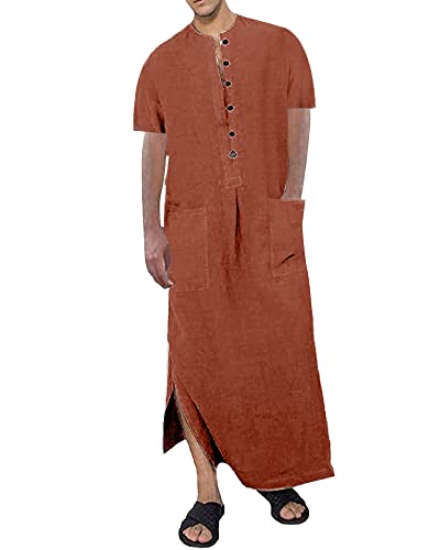 YAOHUOLE Herren Kaftan Thobe Kurzarm Abaya Langes Kleid Robe Knopfleiste Seitenschlitz mit Taschen, ziegelrot, XXXL von YAOHUOLE