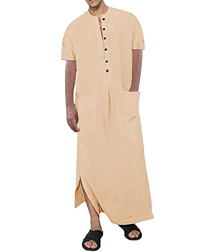 YAOHUOLE Herren Langarm Robe Button Up Side Split Kaftan Thobe mit Taschen Langes Kleid Freizeithemd, 03khaki, L von YAOHUOLE