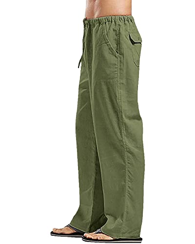 YAOHUOLE Herren Leinen Hosen Lose Casual Yoga Hosen Gerade Beine Hosen, armee-grün, 34-37 von YAOHUOLE