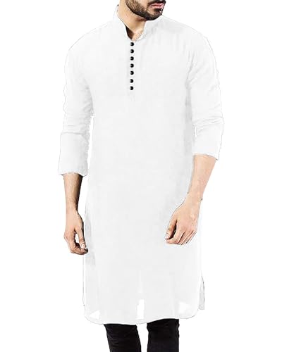 YAOHUOLE Herren Leinen Kaftan Henley Thobe Herren Lang Leinenhemd Herren Weiß XL von YAOHUOLE