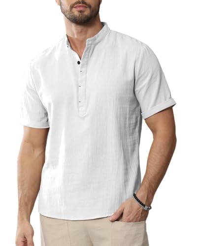 YAOHUOLE Herren Leinenhemd Kurzarm - Weiß L von YAOHUOLE