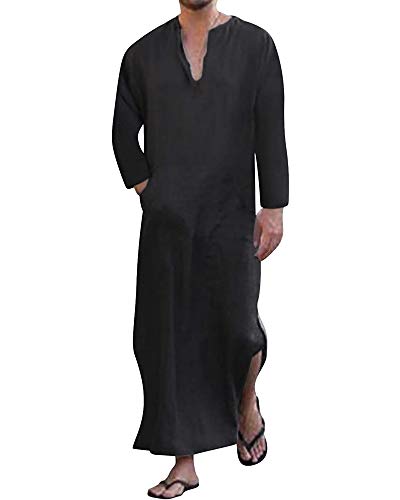 YAOHUOLE Herren Leinen Ultra Long Gown Thobe Kaftan mit Kangaroo Pockets Schwarz XL von YAOHUOLE