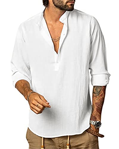 YAOHUOLE Herren Leinenhemd Casual Baumwolle Henley Shirt Langarm Hippie Strand Knopf Sommer Hemd, weiß, XXL von YAOHUOLE