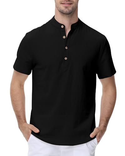 YAOHUOLE Herren Leinenhemd Kurzarm Hemd Stehkragen Herren Leinen Freizeithemden Für Herren Schwarz 3XL YAOHUOLE Herren Leinenhemd Kurzarm Hemd Stehkragen Herren Leinen Freizeithemden Für Herren Schwarz 3XL von YAOHUOLE