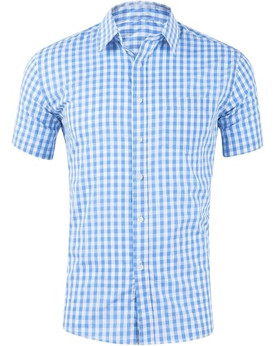 YAOHUOLE Herren Leinenhemd Kurzarm Kariert Trachtenhemd Button Down Regular Fit Hellblau M von YAOHUOLE