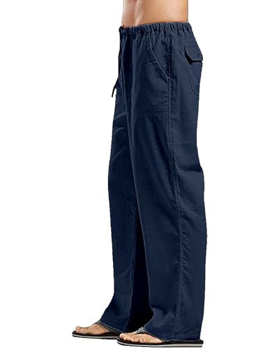 YAOHUOLE Herren-Leinenhose, leichte Yogahose, elastische Taille, gerade Beine, Kordelzug-Hose, navy, L von YAOHUOLE