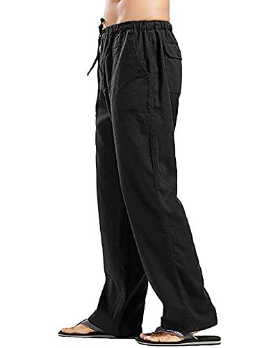 Herren Leinen Hosen Lose Casual Yoga Hosen Gerade Beine Hosen, Schwarz , 56 von YAOHUOLE